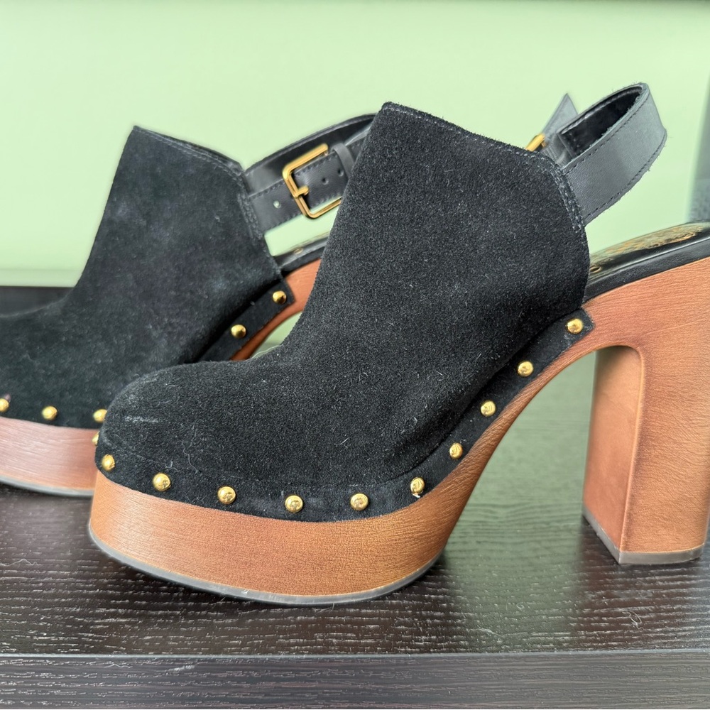 Vince Camuto Black Suede Clogs with Gold Accents